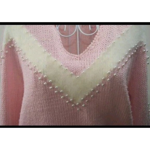 Pink Christina Grant Vintage Angora M Pull Over Sweater Pearls Angora Trim - Picture 2 of 6
